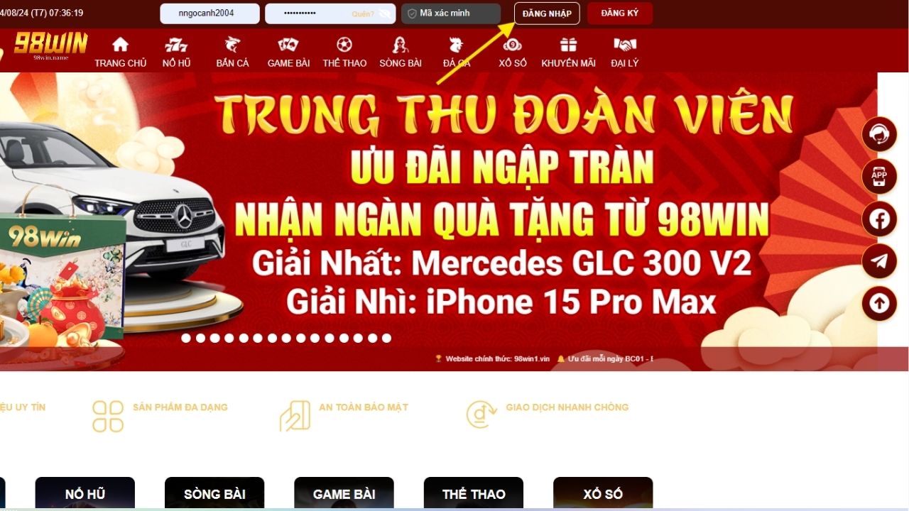 Đăng nhập vào tài khoản 98Win dể xóa tài khoản