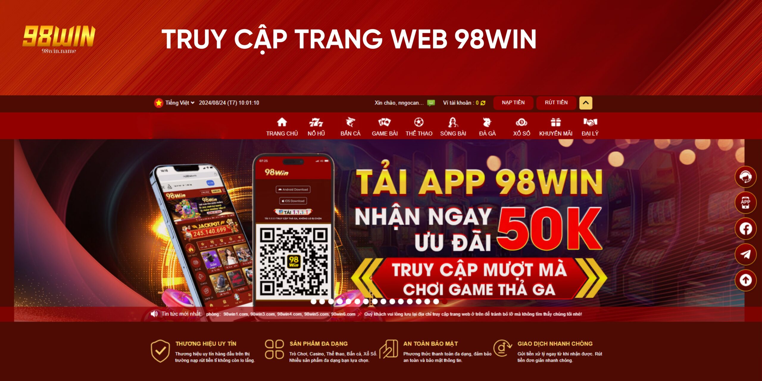 Truy cập trang web 98Win đơn giản